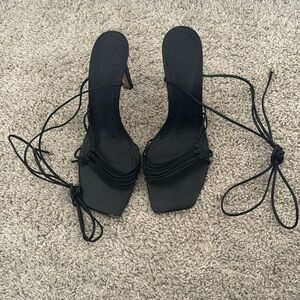 Shultz black strap tie heels made in Brazil leather sole